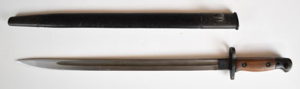 British 1907 pattern sword bayonet by Wilkinson with wooden grips, good stamps to ricasso, a 43cm