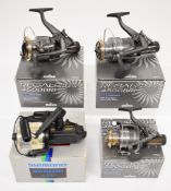 Four fixed spool fishing reels in boxes comprising two Daiwa Regal Plus 4500 BRI, 3500 BRI and