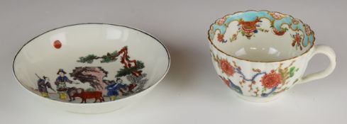 First period Worcester fluted tea cup decorated in the Two Quail pattern, height 4.8cm