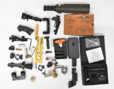 A collection of gun and rifle sights, parts and accessories including PAO Airgunner's Laser Sight in