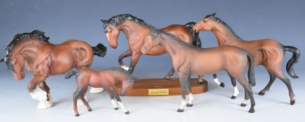 Five Beswick horses including Spirit of Earth, Spirit of Freedom etc, all brown matt, tallest 21cm