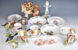 Collection of ceramics including Dresden figures, candlestick, Herend rabbit, David Brown pottery