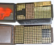 Three-hundred-and-seventy-five .308/ 7.62x51 and .303 rifle cartridges, in two metal ammunition