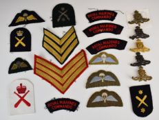 Fifteen Royal Marines insignia including Parachutist, Physical Training Instructor, rank chevrons