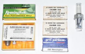Fifty-five .223 rifle cartridges together with related re-loading dies and empty brass cases.  We