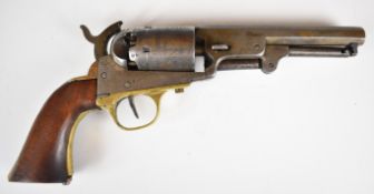 Colt style .31 five-shot single-action revolver with engraved naval scene to the cylinder, wooden