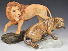 Beswick large lion on a rock and small puma on a rock, model number 1823, tallest 21cm