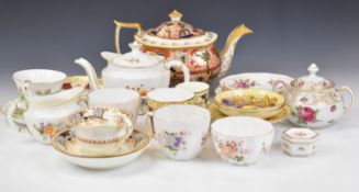 Collection of mainly English porcelain tea ware including Imari teapot, Royal Crown Derby teaware in