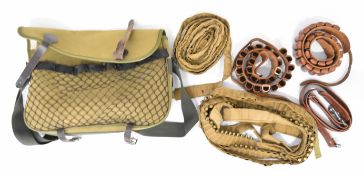 Six shooting accessories comprising a game or cartridge bag, leather rifle sling and three shotgun