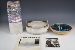 Tony Hepburn (1943-2015) twin handled stoneware bowl signed to base and dated 1971, pedestal dish