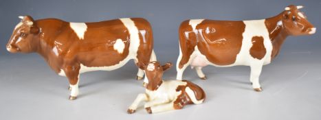 Beswick Collector's Circle 1992 limited edition Red Friesian bull, cow and calf, with BCC