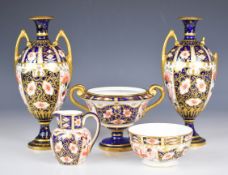 Royal Crown Derby Imari pair of pedestal vases, twin handled urn, bowl and jug, tallest 21cm