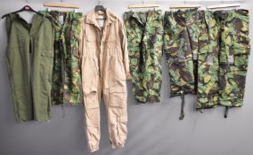 Collection of military clothing including Cold War coverall, NBC suit, body armour, Arctic