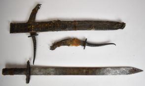 African possibly Sudanese sword with skin covered crosspiece and grip, crudely etched to length of