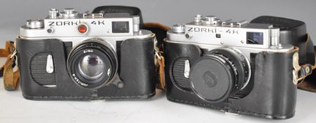 Two Zorki 4K Russian 35mm rangefinder cameras, both with Jupiter 2/50 lenses
