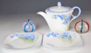Shelley teapot and side plates decorated in the Blue Iris pattern, No 12384 and two Avem Murano