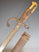 French 1874 pattern Gras bayonet with downswept quillon, external leaf spring and 1879 and stamps to