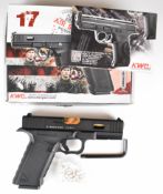 KWC 6mm CO2 airsoft pistol with textured grips, multi-shot magazine and fixed sights, serial