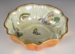 Wedgwood lustre ware shaped dish decorated with butterflies, diameter 20.5 x height 6cm