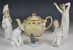 Five Lladro figures and Sadler cube teapot, tallest 19cm