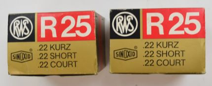 One-thousand .22 Short RWS R25 rifle cartridges, all in original boxes. PLEASE NOTE THAT A VALID