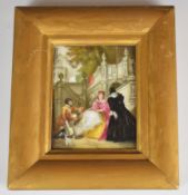 Copeland and Garrett framed porcelain plaque decorated with figures in 17thC costume buying cloth