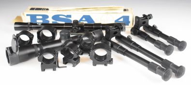 A collection of air rifle and pistol accessories comprising PAO 2x20 scope, two bi-pods, BSA Mark
