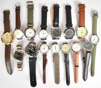 Fifteen various military style gentleman's wristwatches including Bradford Exchange Lest We