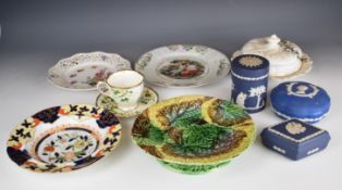 Collection of ceramics including Wedgwood Jasperware, Majolica tazza, Masons, Royal Albert cup and