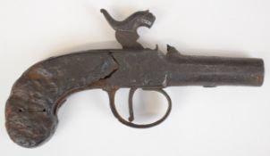 Percussion hammer action pocket pistol with wooden grips and 2.5 inch smooth bored barrel, overall