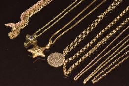 Ten 9ct gold chains, a 9ct gold St Christopher, 9ct gold star pendant and a 9ct gold cross, 30.4g