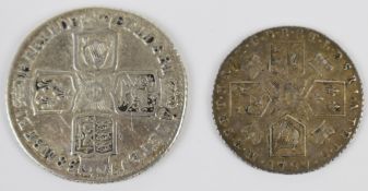 George II 1758 plain angles shilling, F++, together with a 1787 George III cuirassed bust, no hearts