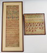 Two 19thC needlework samplers, one The Lord's Prayer the other named Cissie Cartwright, larger 59.