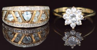 A 9ct gold ring set with topaz and diamonds and a 9ct gold ring set with cubic zirconia, 5.9g, sizes