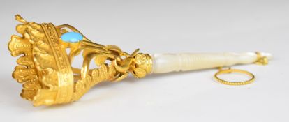 Gilt metal, mother of pearl handled posy holder with turquoise cabochons, height 14cm