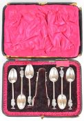 Cased set of six Victorian hallmarked silver apostle spoons and tongs, London 1899, maker  Thomas