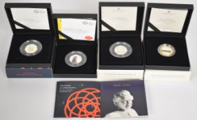 Four Royal Mint silver proof coins comprising The Shape of Revolution 50 Years of the 50p