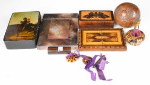 Treen and other collectables to include novelty pin cushion formed as a teapot, micro mosaic box