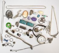 A collection of silver jewellery including earrings, rings, brooch, Mexican bracelet, pocket