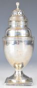 Georgian hallmarked silver sugar caster of bulbous form raised on a square base, London 1808,