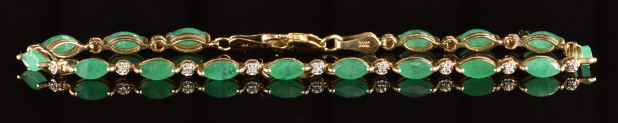 A 9ct gold tennis bracelet set with marquise cut emeralds and diamonds, 4.1g, 17.5cm
