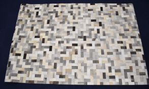 Velosso 'Parquet' leather cowhide patchwork rug in tonal grey with felt backing, 297 x 202cm