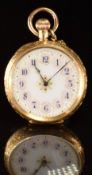 Unnamed 18ct gold keyless winding open faced pocket watch with gold hands, Arabic numerals, gilt