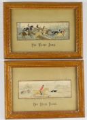 Two Thomas Stevens Stevengraph hunting themed silk pictures titled The First Point and The Water