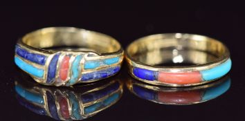 Two 19thC Egyptian 18ct gold rings set with turquoise, coral and lapis lazuli, 4.8g, size K
