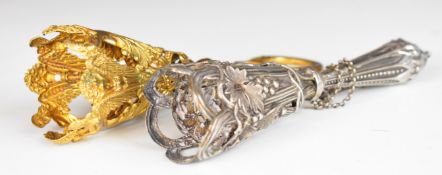 Two 19th or early 20th century posy holders, one silver plated the other gilt with decoration of
