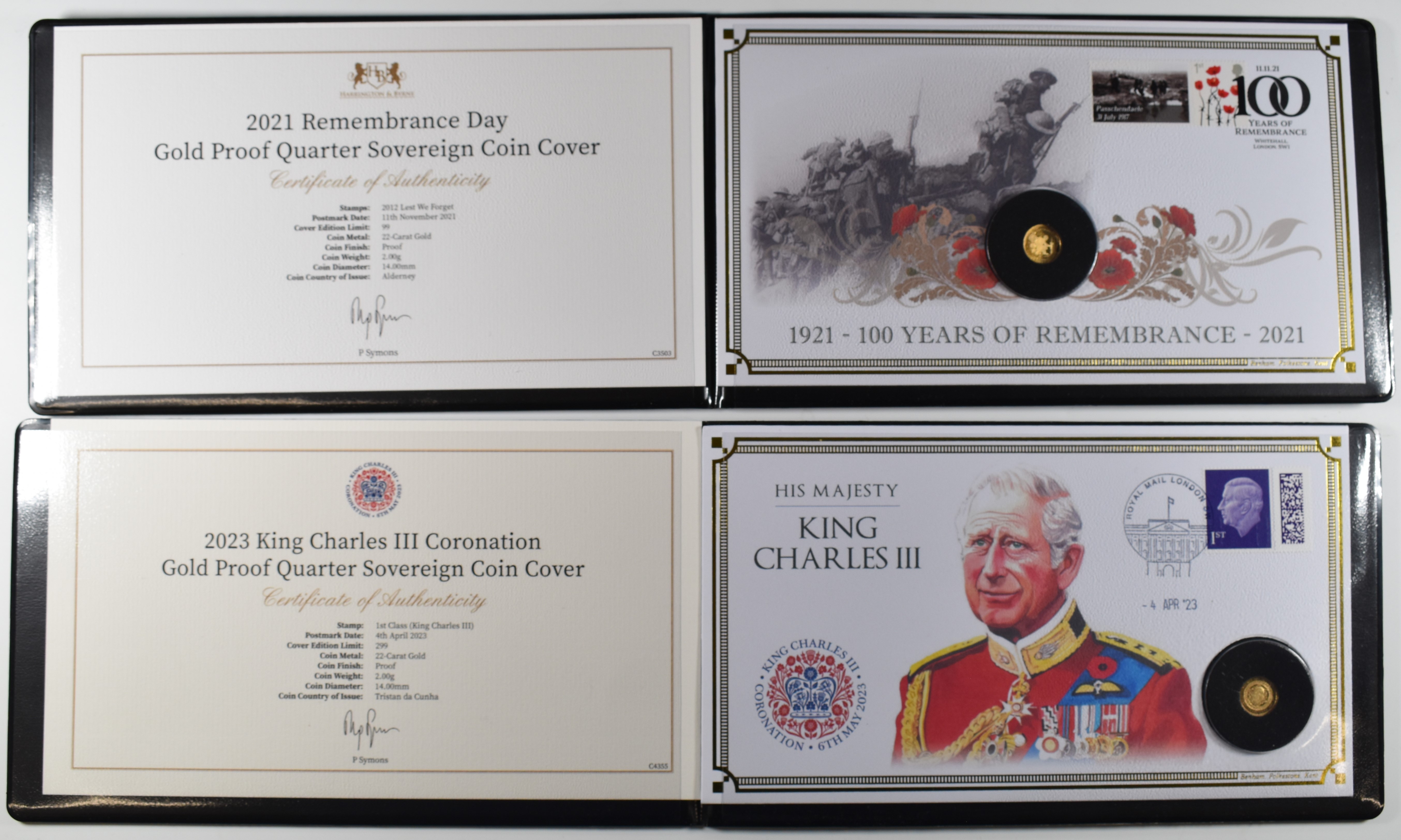 Two 22 carat gold proof miniature gold coins, both 2.0g, in covers with certificates