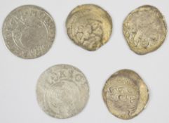 Two continental hammered silver coins together with three Indian / Middle Eastern examples