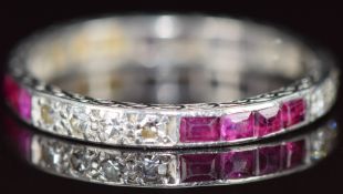 Art Deco platinum eternity ring set with calibre cut rubies and round cut diamonds, 2.8g, size Q