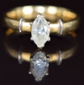 An 18ct gold ring set with a marquise cut diamond of approximately 0.7ct, 4.9g, size P